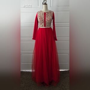Red Long Sleeve Tulle Formal Dress